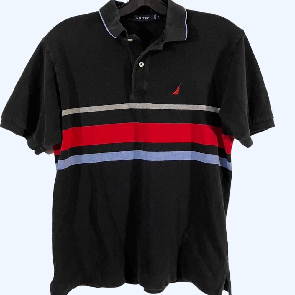 Nautica Black‎ Polo Shirt with Red Blue Grey Stripes
